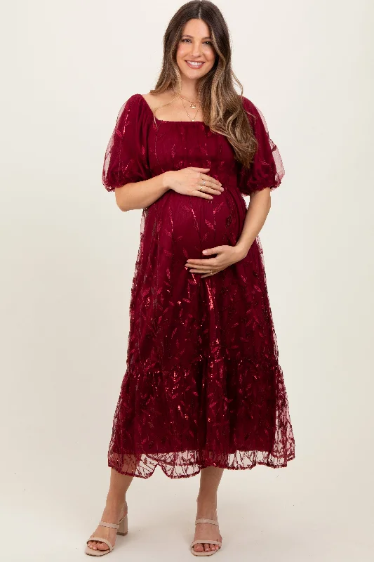 Burgundy Embroidered Sequin Detail Mesh Overlay Maternity Maxi Dress Sequin Dress Style