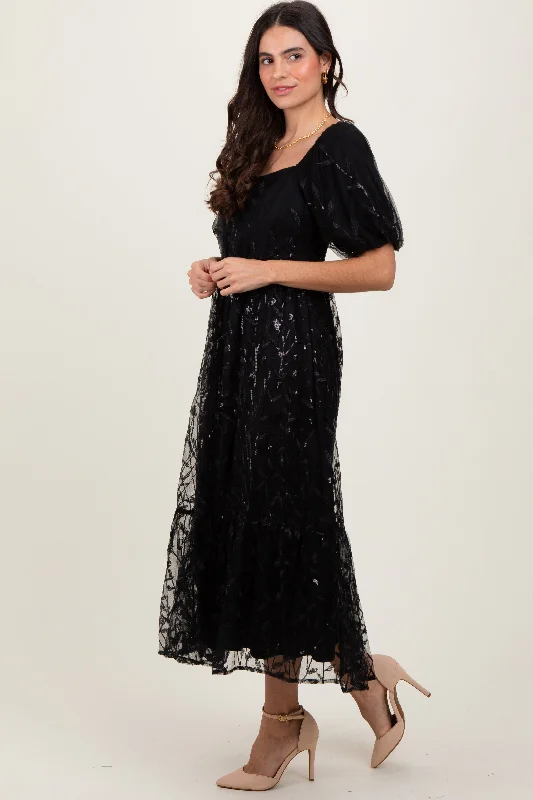 Black Embroidered Sequin Detail Mesh Overlay Maxi Dress Modern Sequin Dress