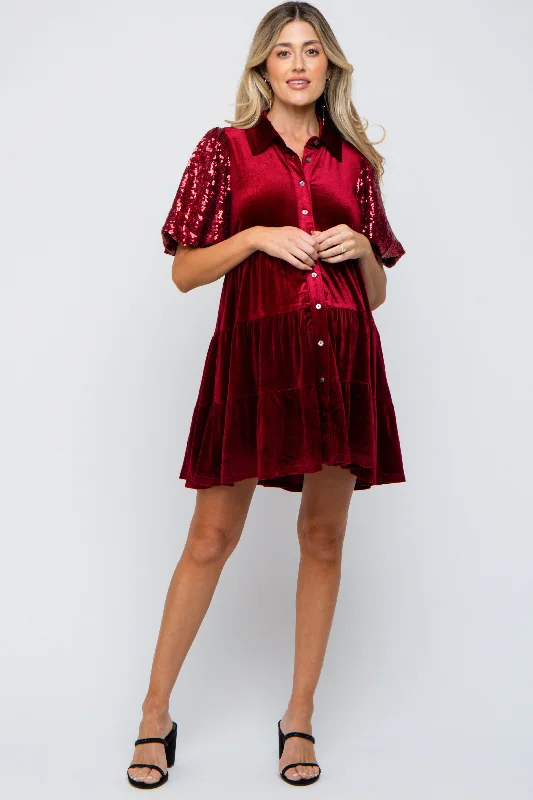 Burgundy Velvet Tiered Sequin Short Sleeve Maternity Dress Colorful Sequin Dress