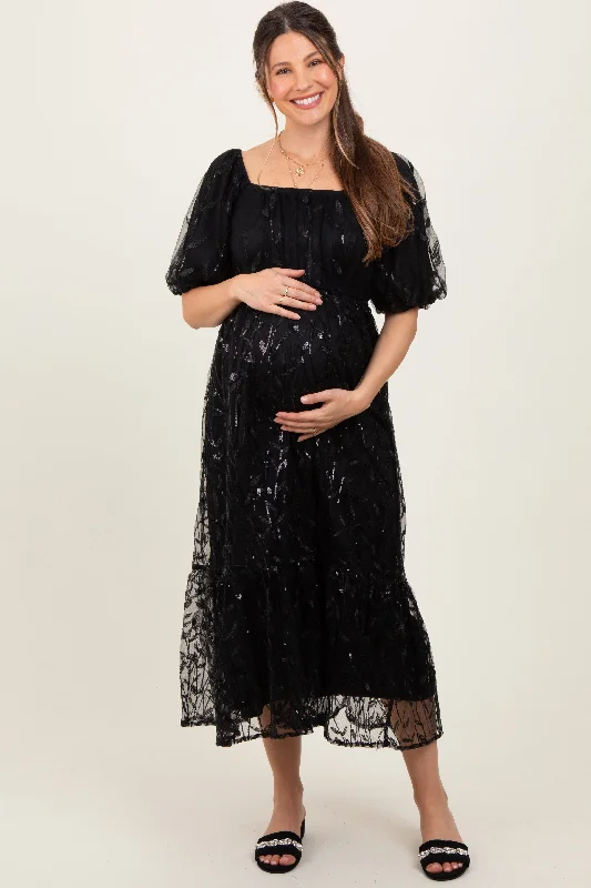 Black Embroidered Sequin Detail Mesh Overlay Maternity Maxi Dress Black Sequin Dress