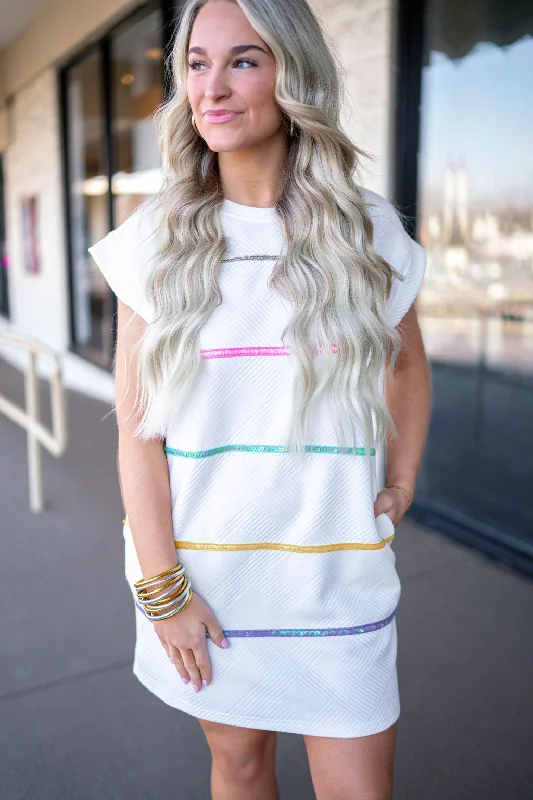 Sequin Stripes Off White Dress Long Sleeve Sequin