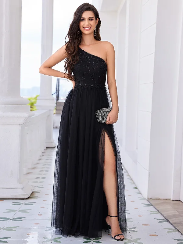 Romantic Asymmetric One Shoulder Side Split A-Line Tulle Dress with Lace Sequin Empire Waist Evening Dress Lush Sequin Dress