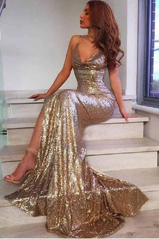 Mermaid Trumpet Sequins Spaghetti Sleeveless Open Back Straps Prom Evening Dress-333792 Lush Sequin Dress