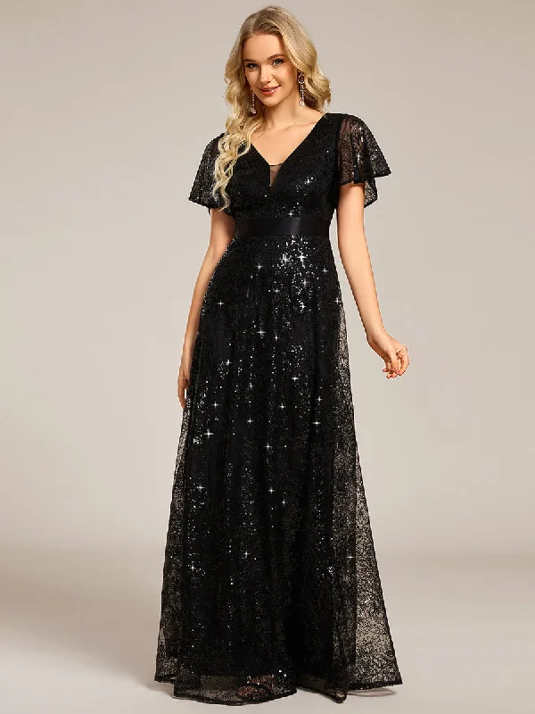 Exquisite Sequin Paillette Embroidery Evening Dresses with Ruffles Sleeve Sequin Dress Sparkle