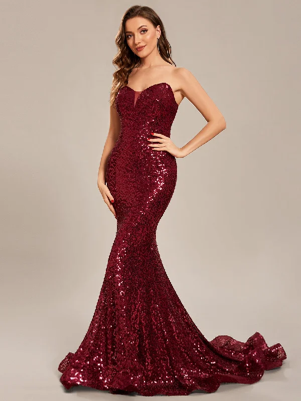 Custom Sequin Strapless Sweetheart Fishtail Wholesale Prom Dress Long Sleeve Sequin