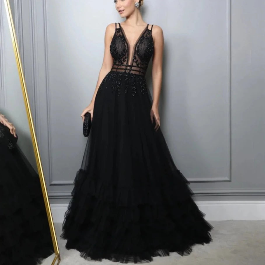 Black Tulle Beaded Ruffles Sequin A-Line Evening  Formal Dress Sequin Cocktail Gown