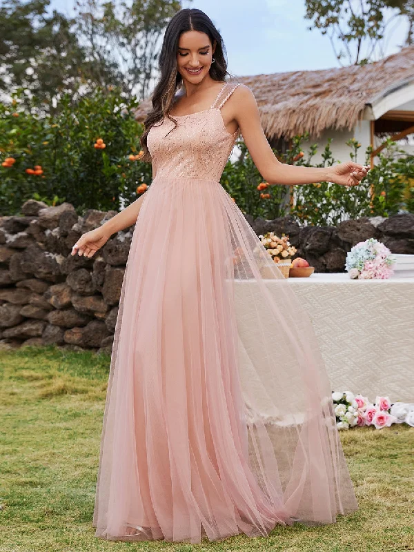 Tulle Sweetheart Spaghetti Strap Embroidery Sequin Wholesale Bridesmaid Dress Sparkling Sequin Dress