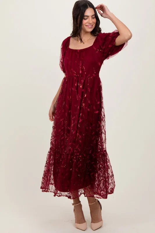 Burgundy Embroidered Sequin Detail Mesh Overlay Maxi Dress Ruched Sequin Dress