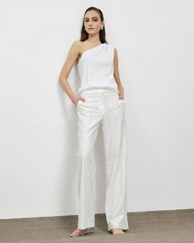 Access Off White Sequin Trouser With Lace Detailing Glam Sequin Dress