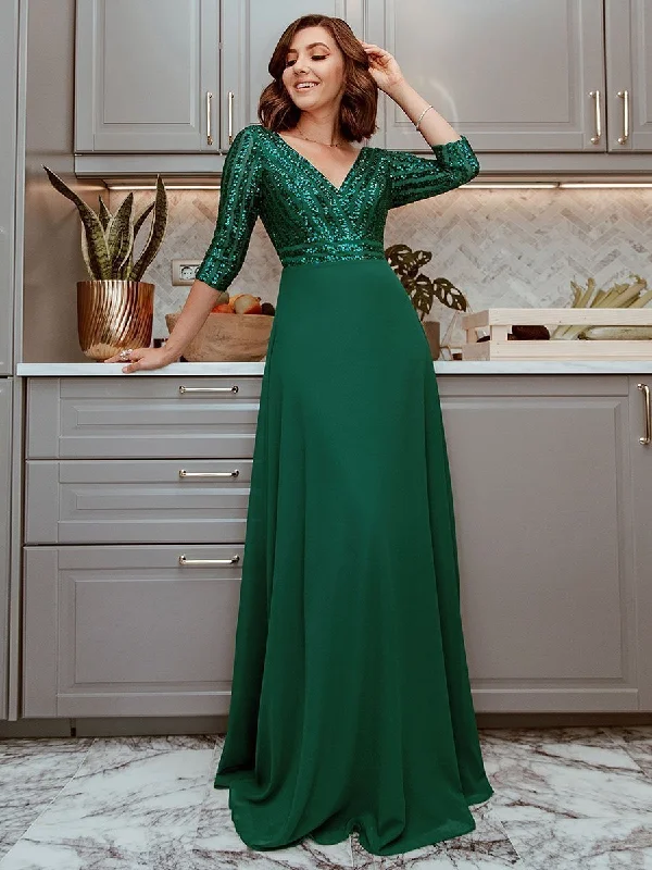 Custom Size Sexy V Neck A-Line Sequin Wholesale Evening Dresses With 3/4 Sleeve Strapless Sequin Dress