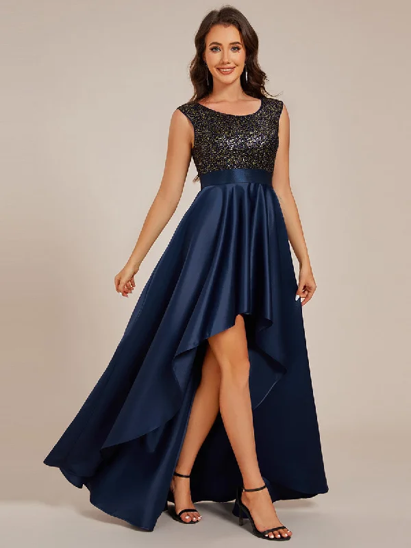 Elegant Round Neck Asymmetrical Hem Sequin Contrast Satin Dresses with Raglan Sleeves Blue Sequin Dress