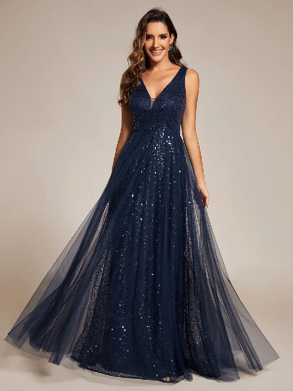 Elegant V-Neck Backless Sequin Evening Dress with Sleeveless Ruched Sequin Dress