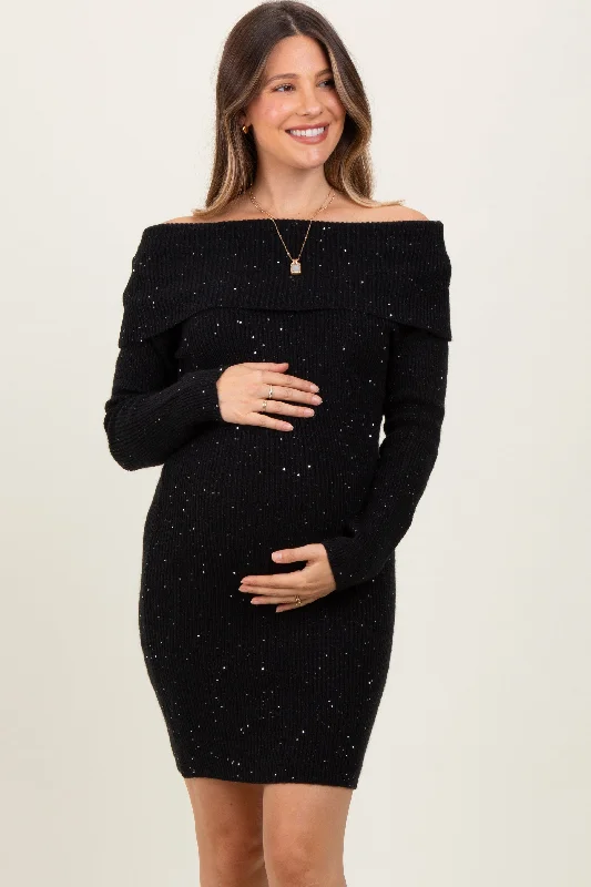 Black Off Shoulder Short Sequin Maternity Sweater Dress Pink Sequin Gown