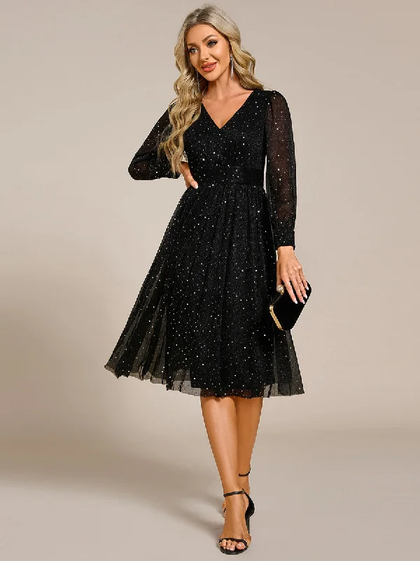 Elegant Long Lantern Sleeve Midi Length Sequin Tulle Dresses with Shimmer Decoration Elegant Sequin Dress