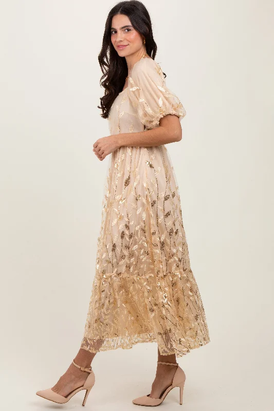 Cream Embroidered Sequin Detail Mesh Overlay Maxi Dress Glam Sequin Dress