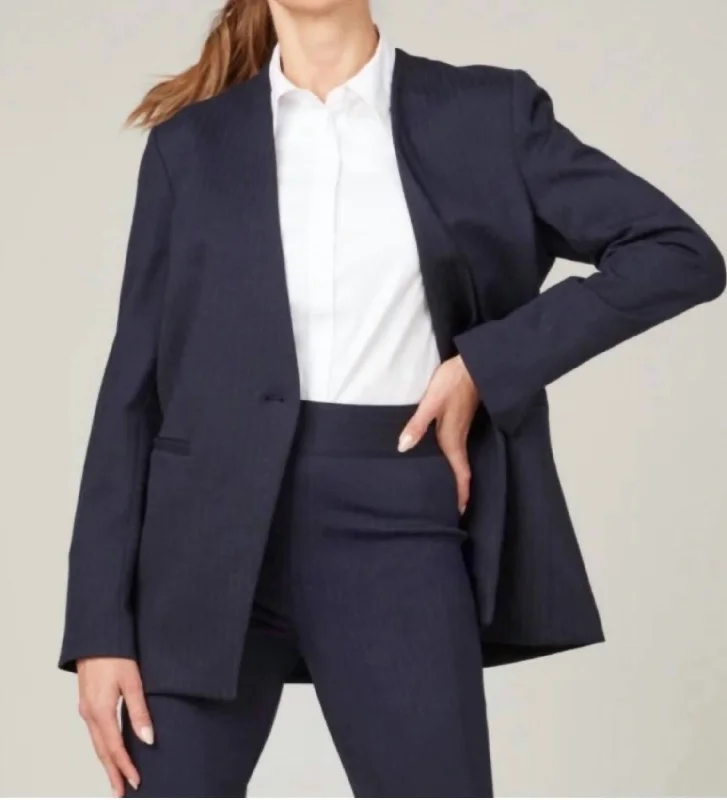 Perfect Collarless Blazer In Navy With White Pinstripes Long Sleeve Blazer