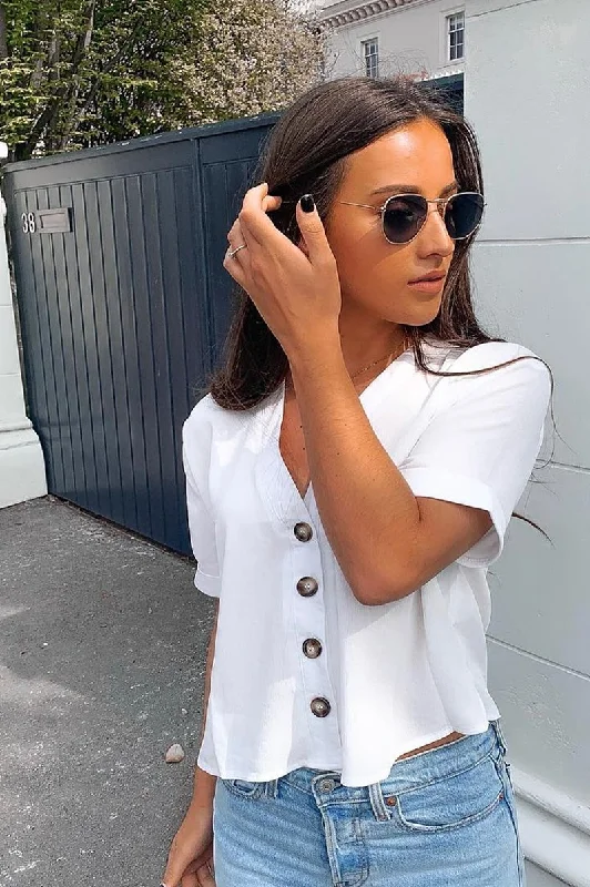 White Plunge Button Up Crop Blouse - Merina