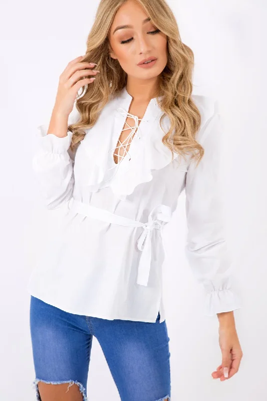 White Frill Lace Up Shirt - Alayah