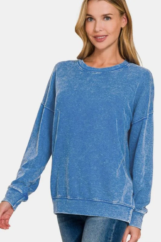 Zenana Washed Round Neck Dropped Shoulder Sweatshirt - Blue Women’s Zip-up Hoodies