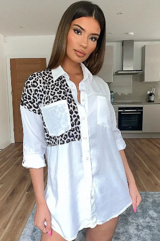 White Leopard Print Insert Button Down Shirt - Shelby