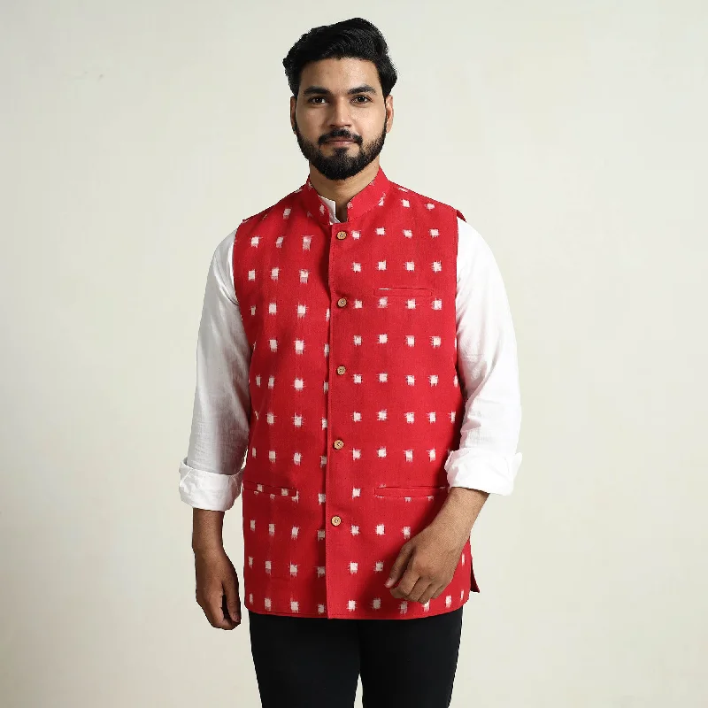 Women's all-season jacketsRed - Pochampally Double Ikat Handloom Cotton Men Nehru Jacket 02 Women's all-season jackets