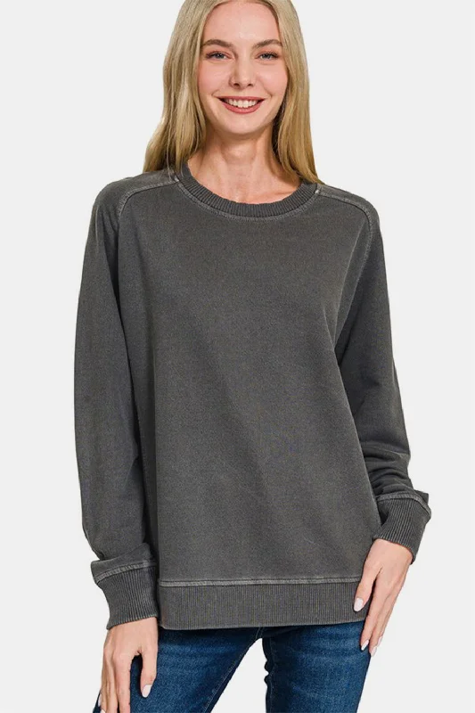 Zenana Full Size Pigment Dyed French Terry Sweatshirt - Black Women’s Hoodie Pullover