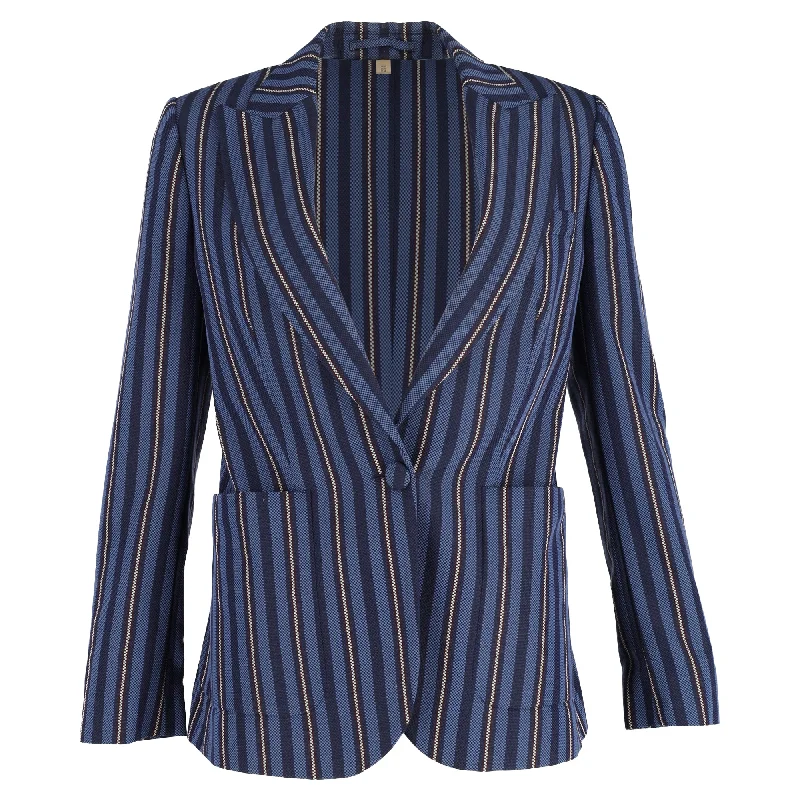 Burberry Single-Breasted Weaved-Stripe Blazer in Navy Blue Wool Classic Black Blazer