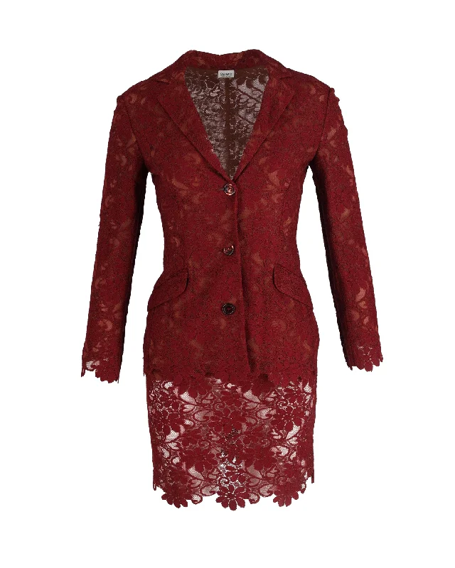 Ozbek Lace Tailored Blazer and Skirt Set in Burgundy Rayon Chic Office Blazer