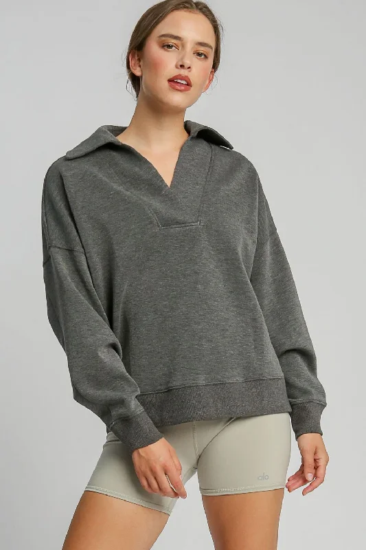 Umgee Johnny Collar Dropped Shoulder Sweatshirt - Charcoal Basic Hoodie Sweatshirt Look