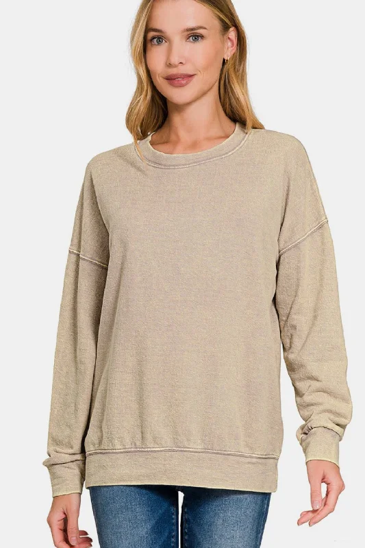 Zenana Washed Round Neck Dropped Shoulder Sweatshirt - Khaki High-neck Sweatshirt Hoodie