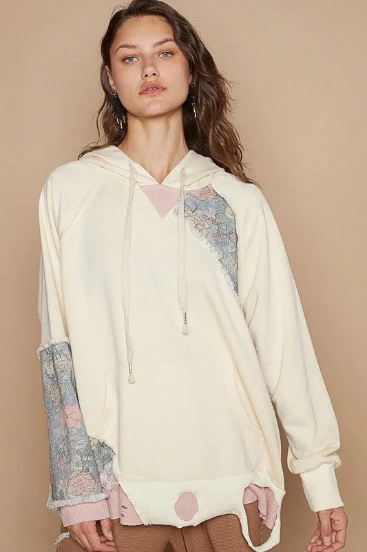 POL Floral Patchwork Distressed Drawstring Hoodie - Cream Relaxed Fit Sweatshirts