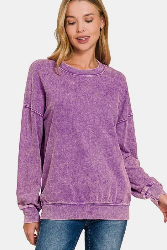 Zenana Washed Round Neck Dropped Shoulder Sweatshirt - Violet Hoodies for Streetwear