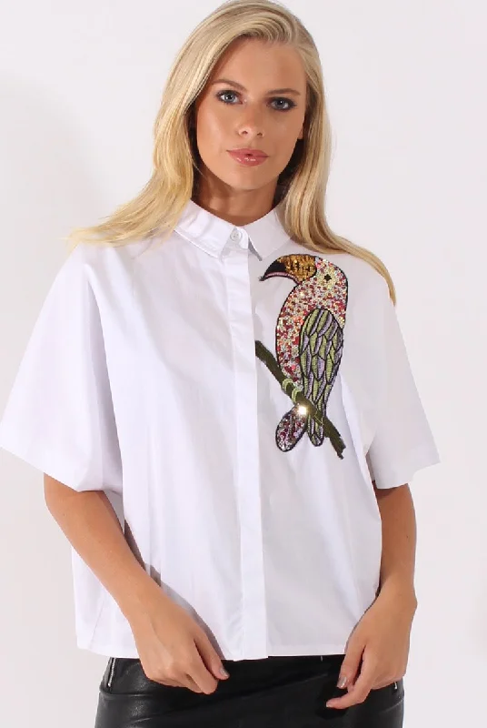 White Oversized Sequin Badge Batwing Shirt - Skye