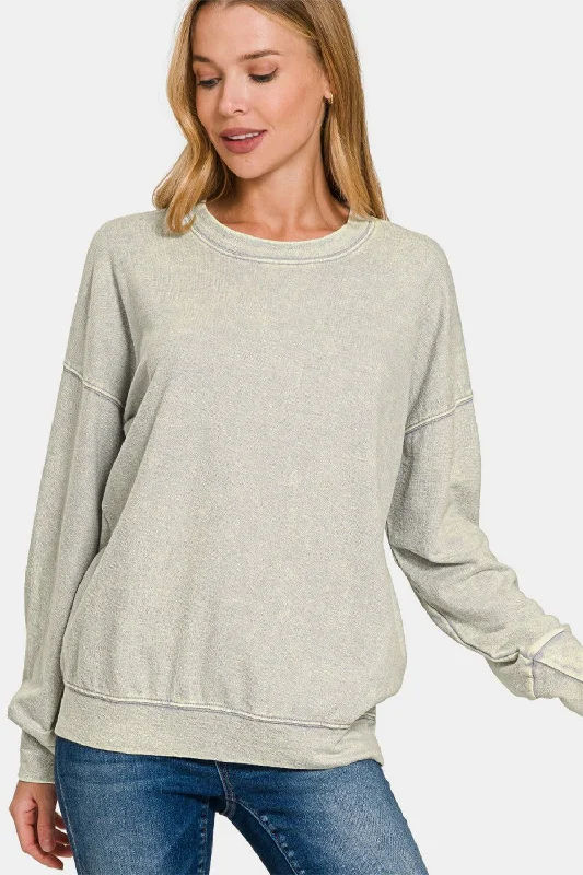 Zenana Washed Round Neck Dropped Shoulder Sweatshirt - Grey Comfy Sweatshirts for Women