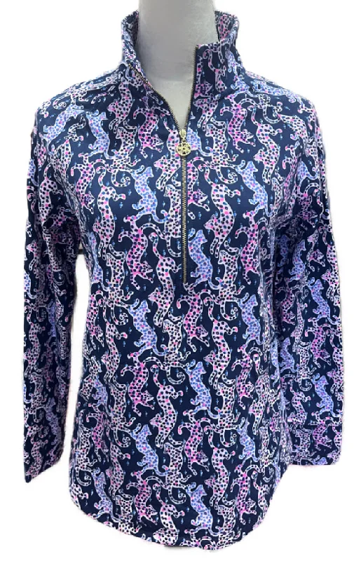 Lilly Pilitzer Navy Multicolored Jungle Cat Print 1/4 Zip Pullover Size S MSP$108