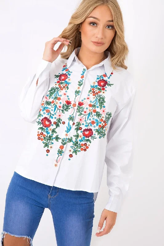 White Floral Embroidered Shirt - Solange