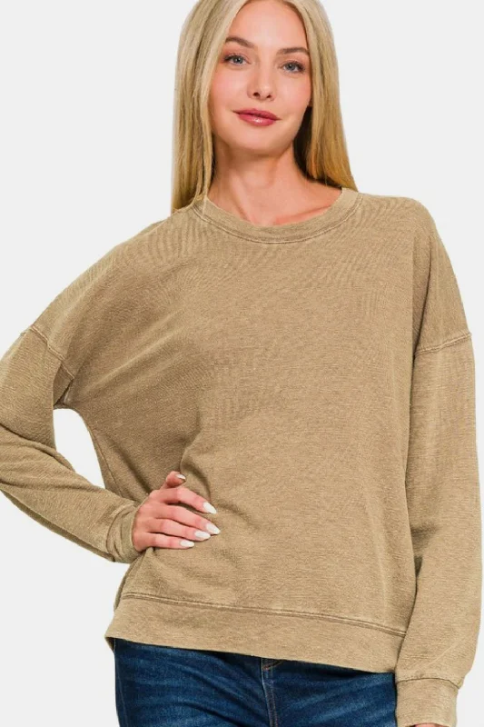 Zenana Washed Round Neck Dropped Shoulder Sweatshirt - Camel Hoodies & Sweatshirts Fashion