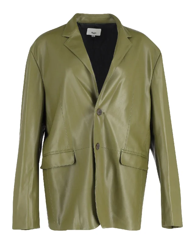 The Frankie Shop Olympia Blazer in Olive Faux Leather Double-breasted Blazer Jacket