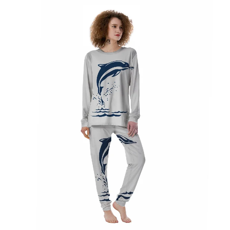 Funny graphic pajama setsDolphins Jump On Waves Print Women's Pajamas Funny graphic pajama sets