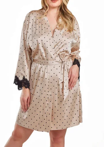 Winter pajama setsTamara Plus Size Dotted Satin Robe with Lace Trimmed Sleeves and Self Tie Sash Winter pajama sets