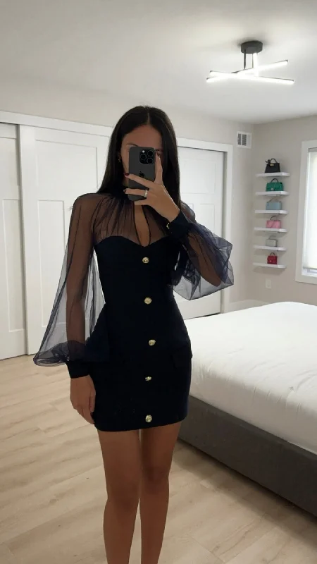 Office mini dressesTabitha Navy Blue Mesh Lantern Sleeve Mini Dress Office mini dresses