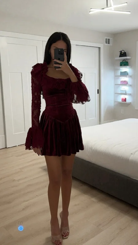 Satin mini dressesYachira Burgundy Velvet Lace Flare Sleeve Mini Dress Satin mini dresses