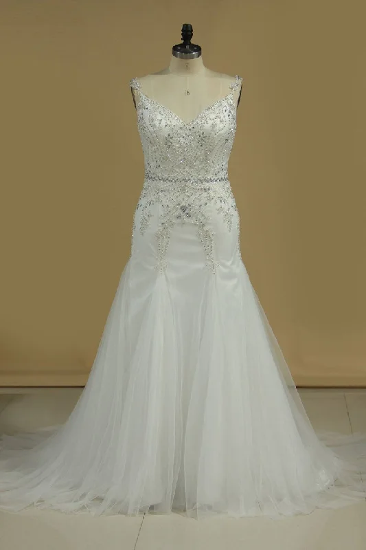 Bell sleeve wedding dressesA Line Wedding Dresses Spaghetti Straps Beaded Bodice Tulle Classic Bridal Dress