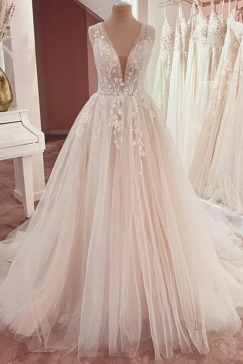 Destination wedding dressesA-Line Wide Strap Ruffle Wedding Dress with Lace Appliques and Tulle Luxury Lace Gown