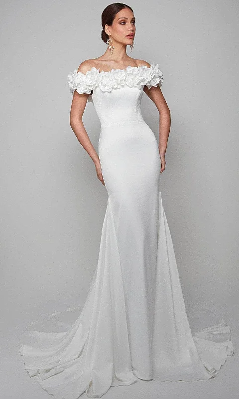 Beaded wedding dressesAlyce Paris 7061 - Floral Appliqued off-Shoulder Wedding Dress White Lace Gown