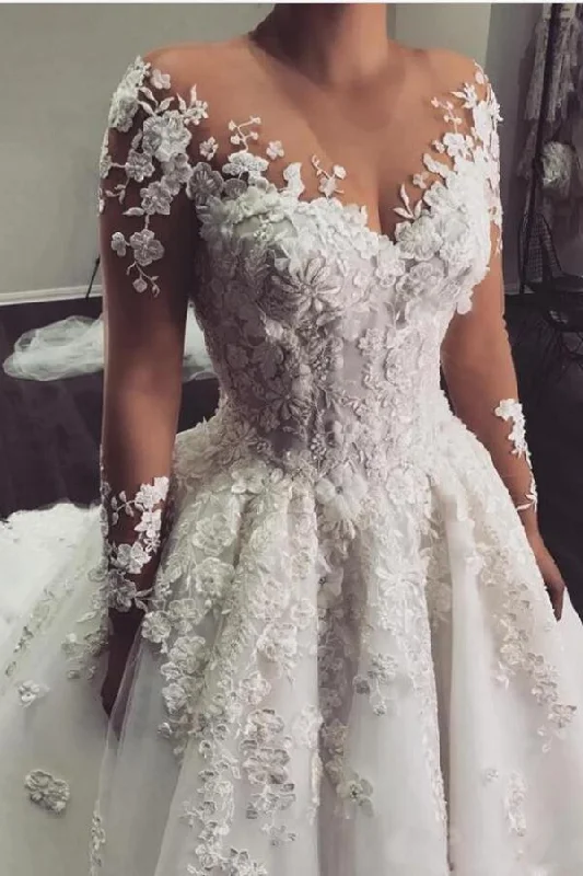 One-shoulder wedding dressesBateau Long Sleeve A-Line Floor-Length Wedding Dress with Lace Appliques Beautiful Lace Gown