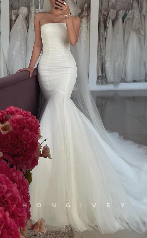 Wedding dresses under $500H1698 - Chic Trumpet Strapless Ruched With Tulle Train Wedding Dress Mermaid Lace Gown