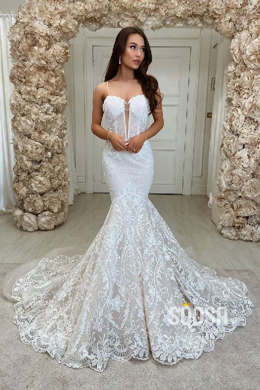 High-end wedding dressesPlunging V-neck Allover Lace Wedding Dress Mermaid Gown QW2675 Floral Bridal Gown