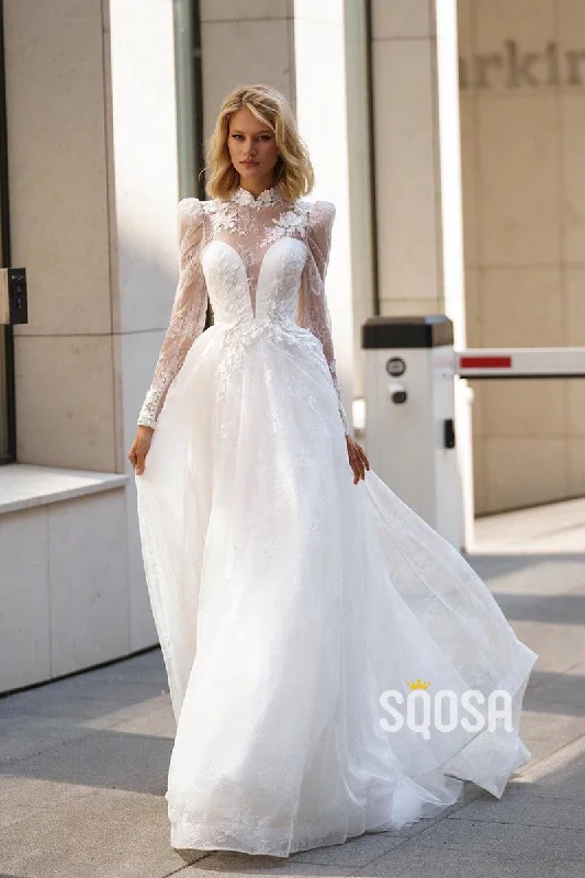 Women's wedding dressesA-Line High Neck Lace Long Sleeves Wedding Dress Bridal Gowns With Train QW8085 Elegant Bridal Gown