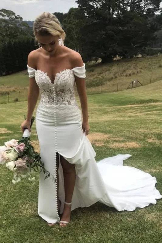 Unique wedding dressesOff Shoulder Sweetheart A Line Wedding Dresses with Split Off-shoulder Wedding Gown